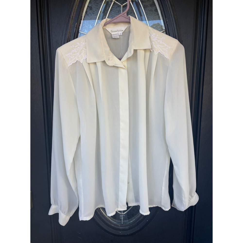 Susan Hutton Vintage Cream Embroidered Shoulder Button Up Blouse Size 10 Ivory